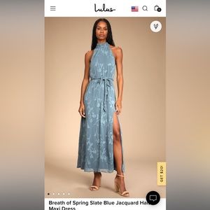 Lulus Breath of Spring Slate Blue Jacquard Halter Maxi Dress